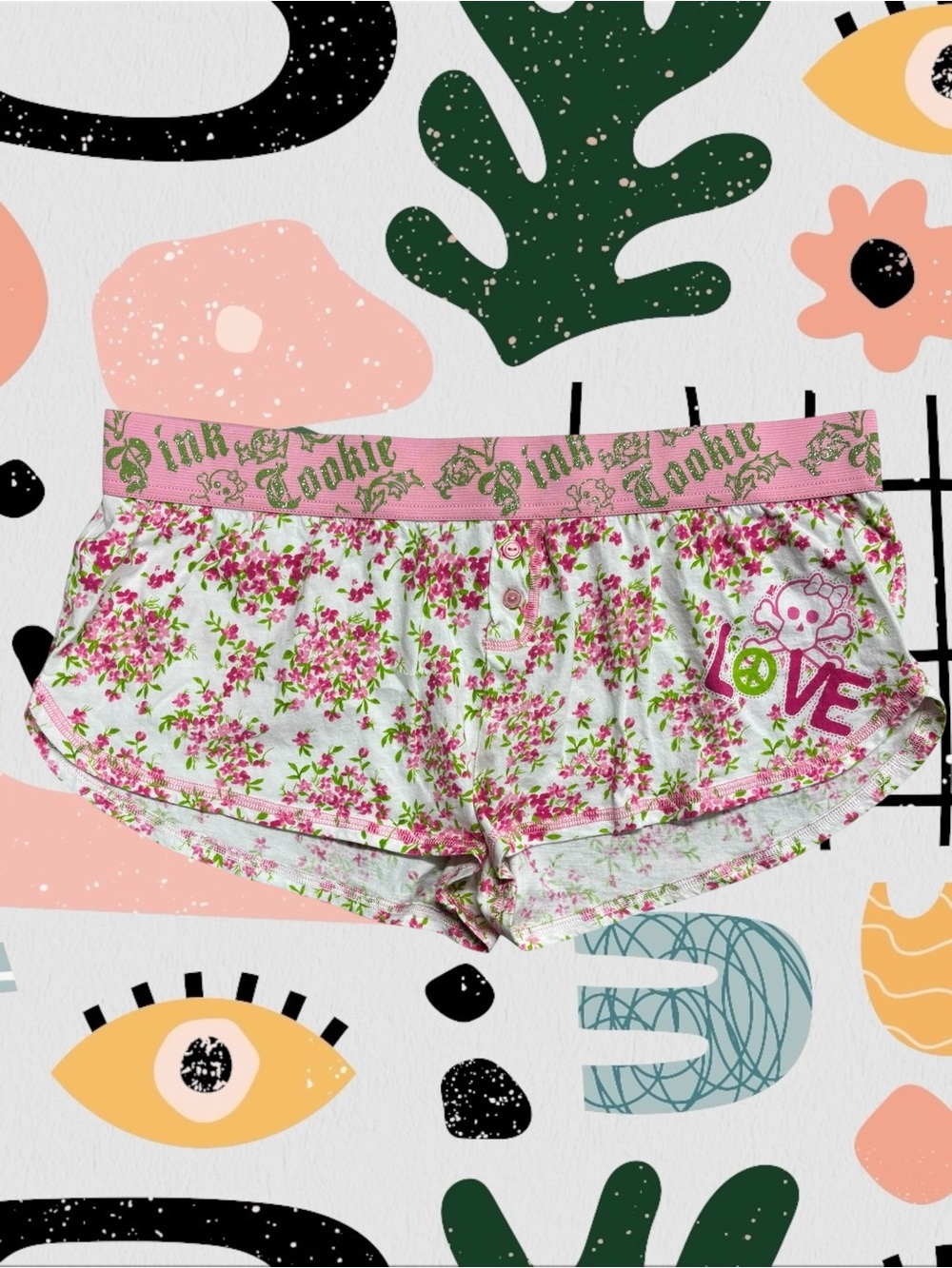 Pink Cookie | Y2K 2009 Floral Skull Print Low Rise Mini Lounge Shorts
